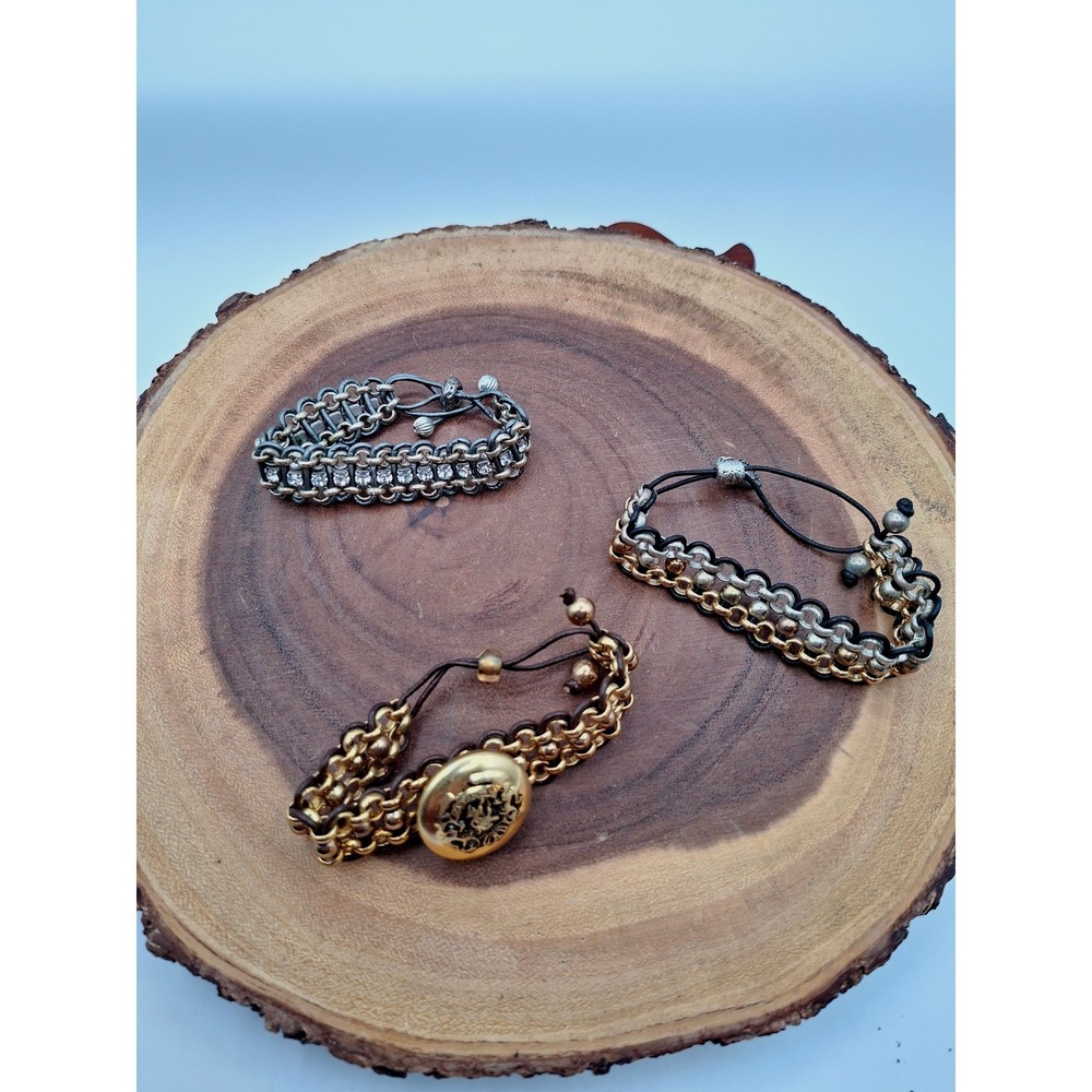 Mixed Metal Artisan Bracelet Set Rhinestone Crest Button Heart Charm 3pc Stack